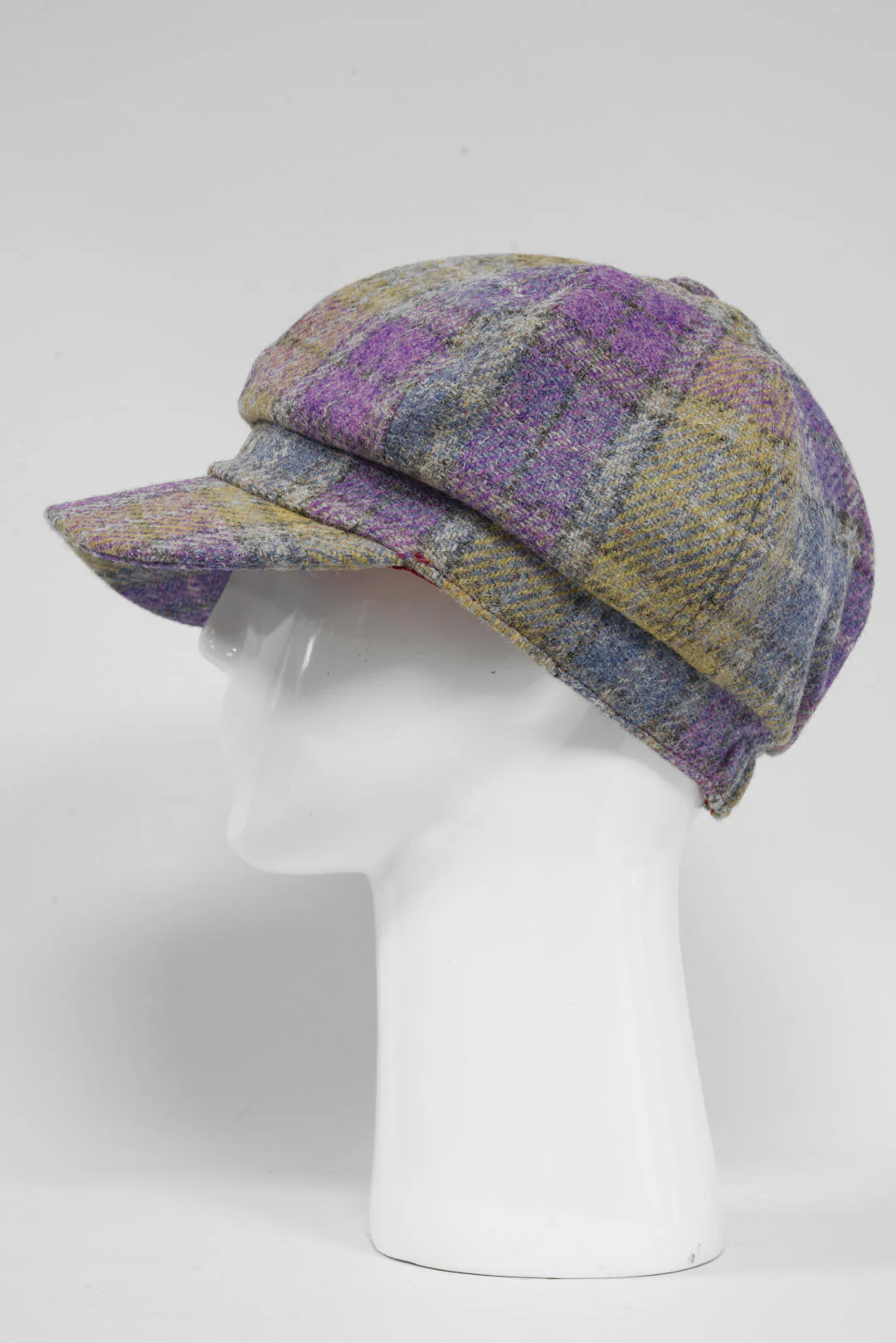 Harris Tweed Baker Boy Hat - Muted Lilac/Green Check (GA) - Image 5