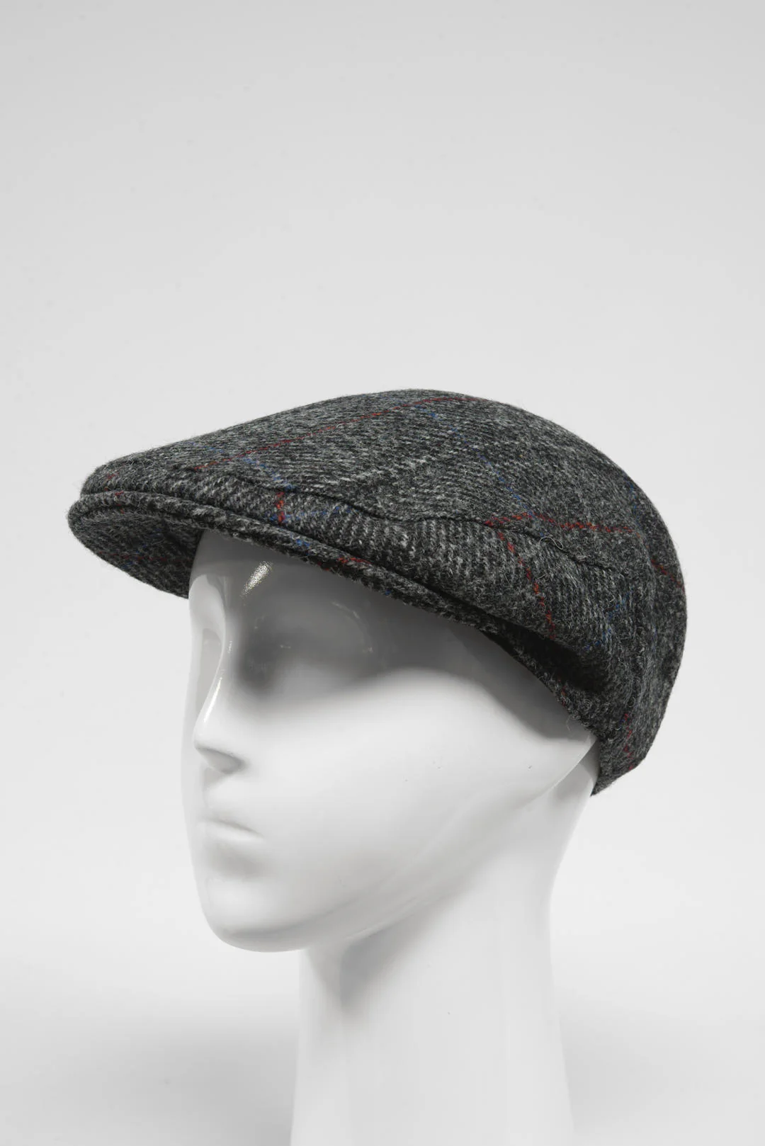 Harris Tweed Flat Cap - Grey Herringbone With Red Overcheck (HW)