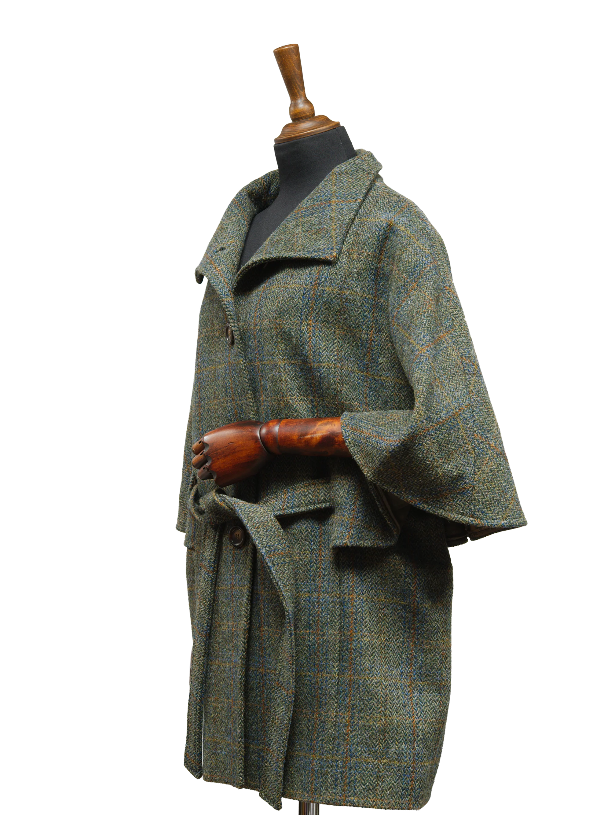 Harris Tweed Ladies Belted Cape - Green Herringbone w/Overcheck - Image 3