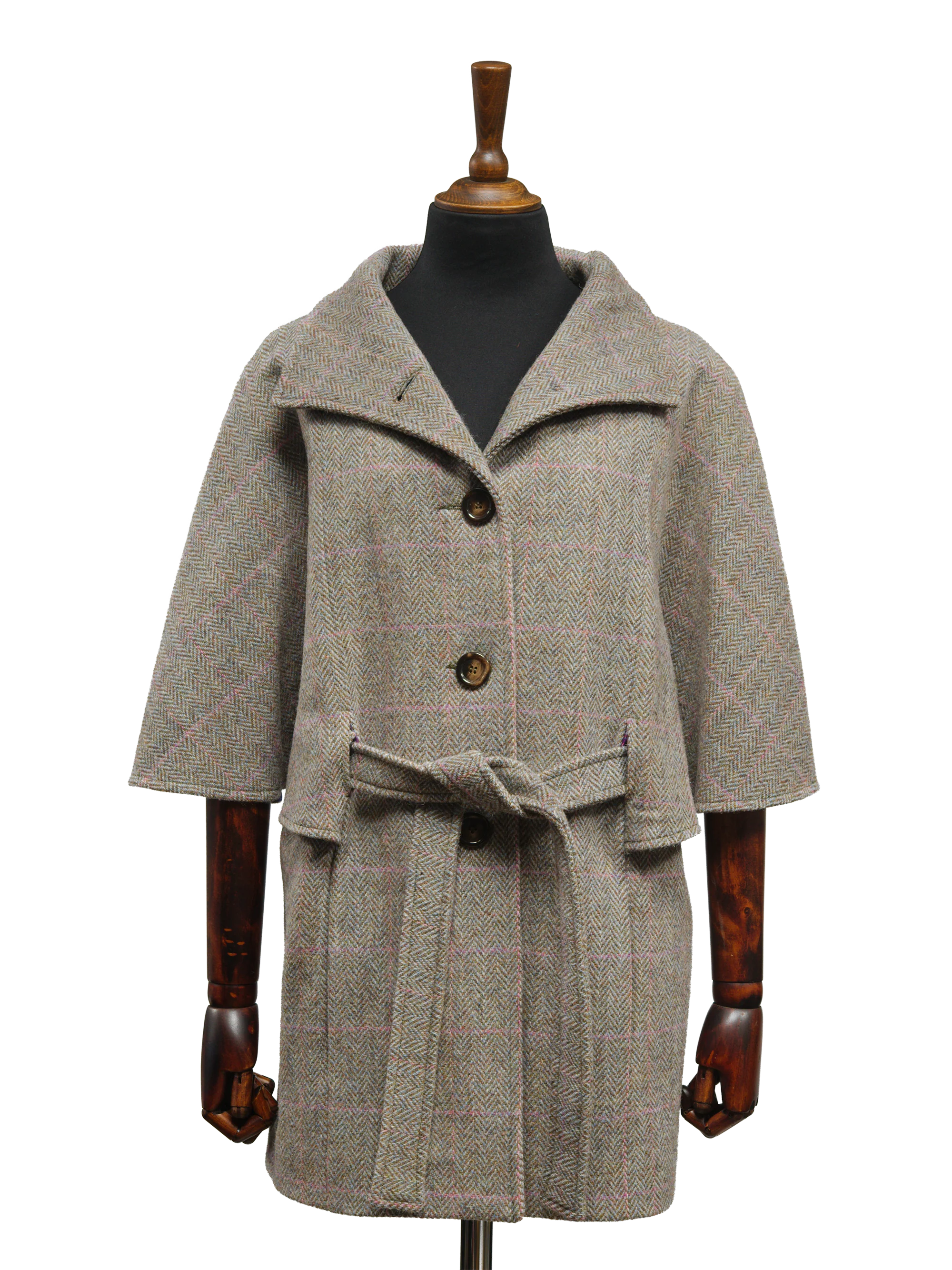 Harris Tweed Ladies Belted Cape - Oatmeal Herringbone w/Pink OC