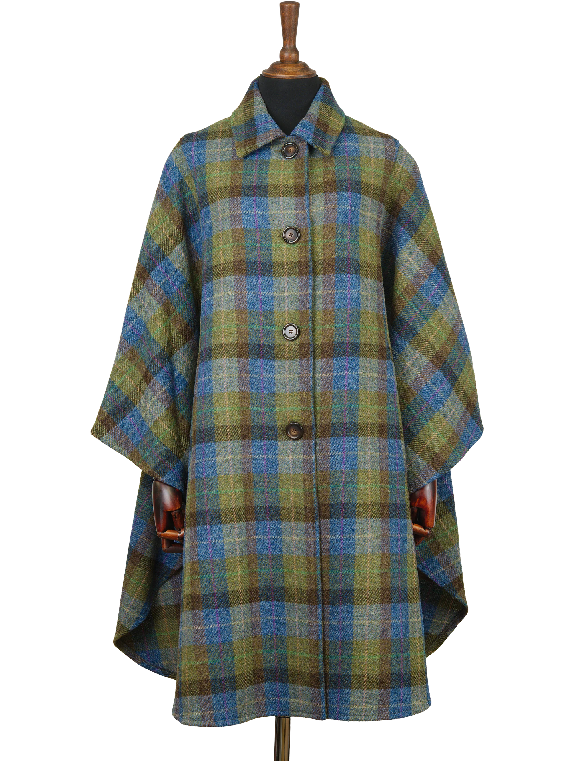 Harris Tweed Ladies Buttoned Long Cape - Denim Sage