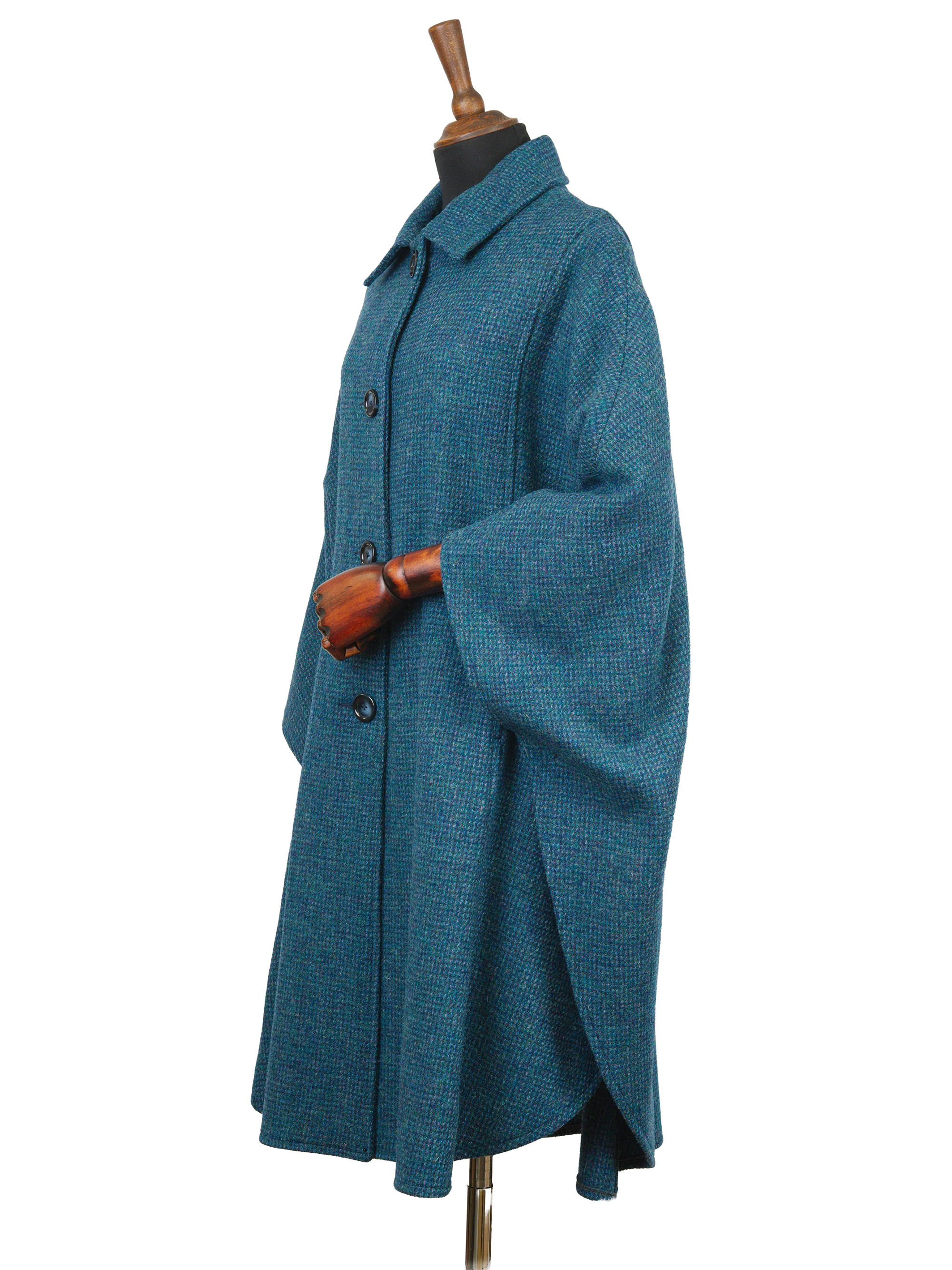 Harris Tweed Ladies Buttoned Long Cape - Teal - Image 2