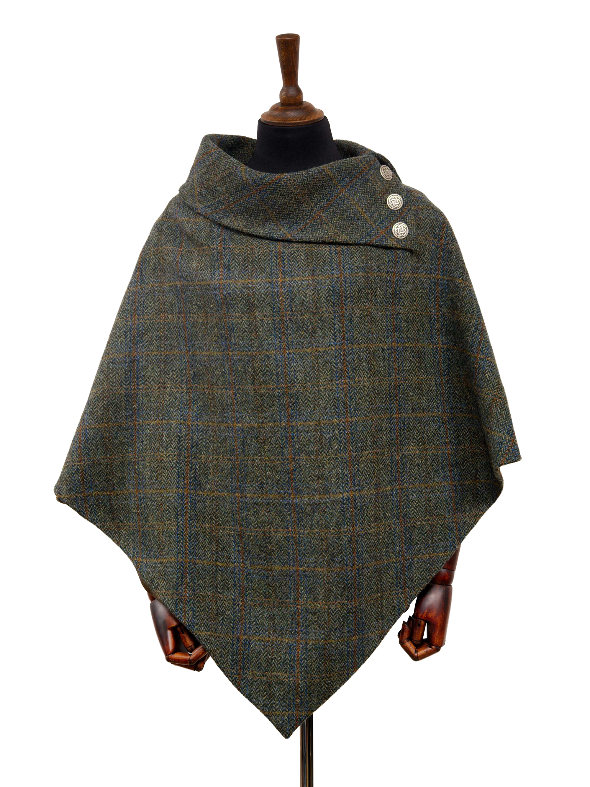 Harris Tweed Ladies Celtic Cape - Green Herringbone With Overcheck