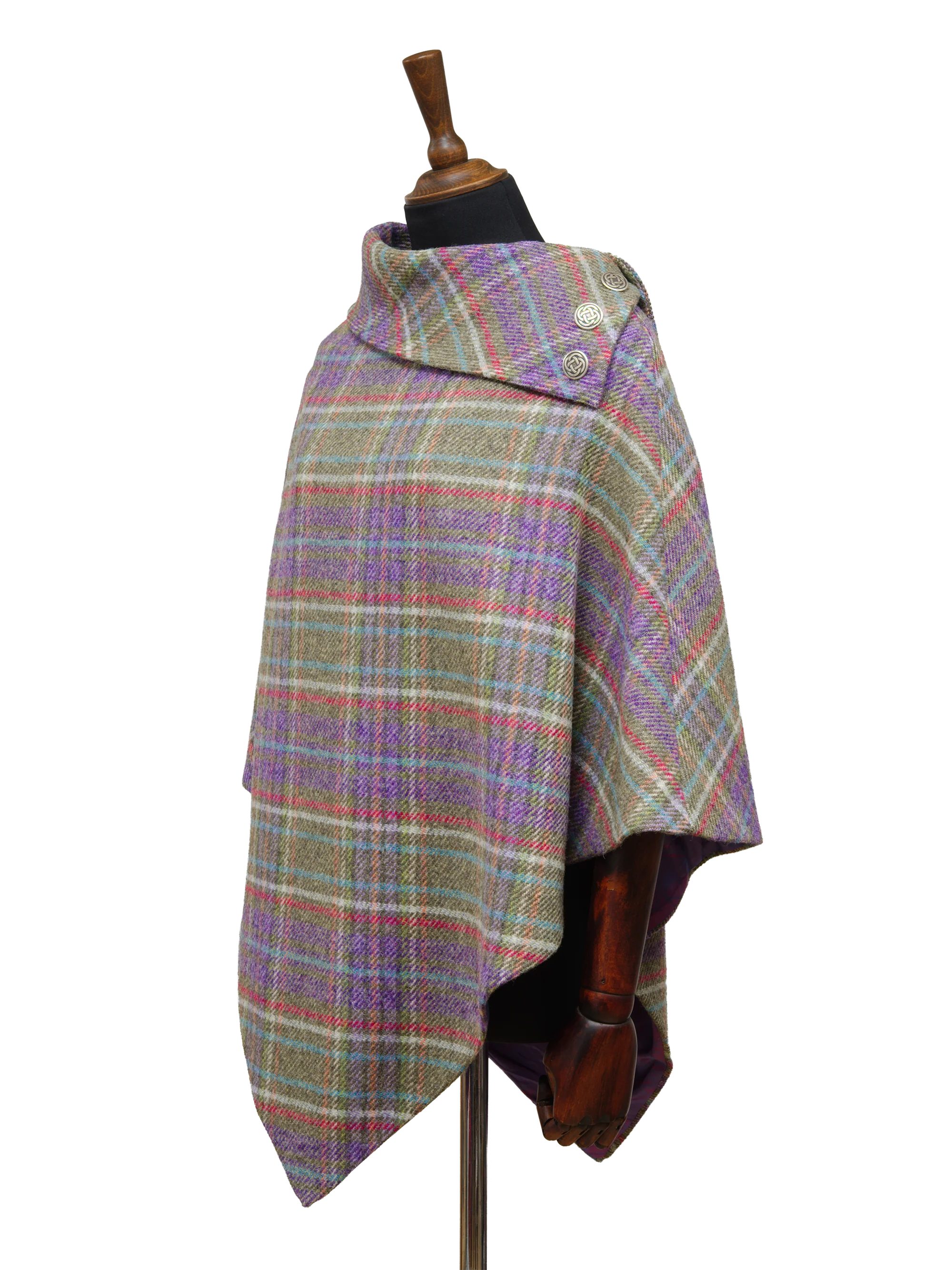 Harris Tweed Ladies Celtic Cape - Lilac/Green Multi Check - Image 3