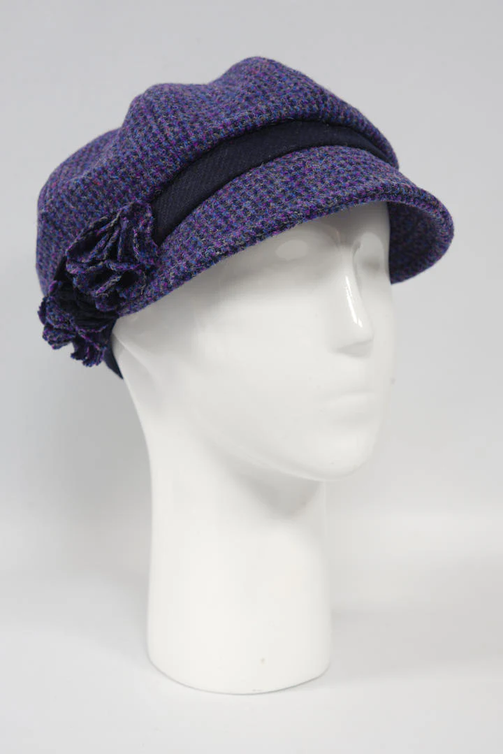 Harris Tweed Ladies Flower Hat - Violet With Navy Band