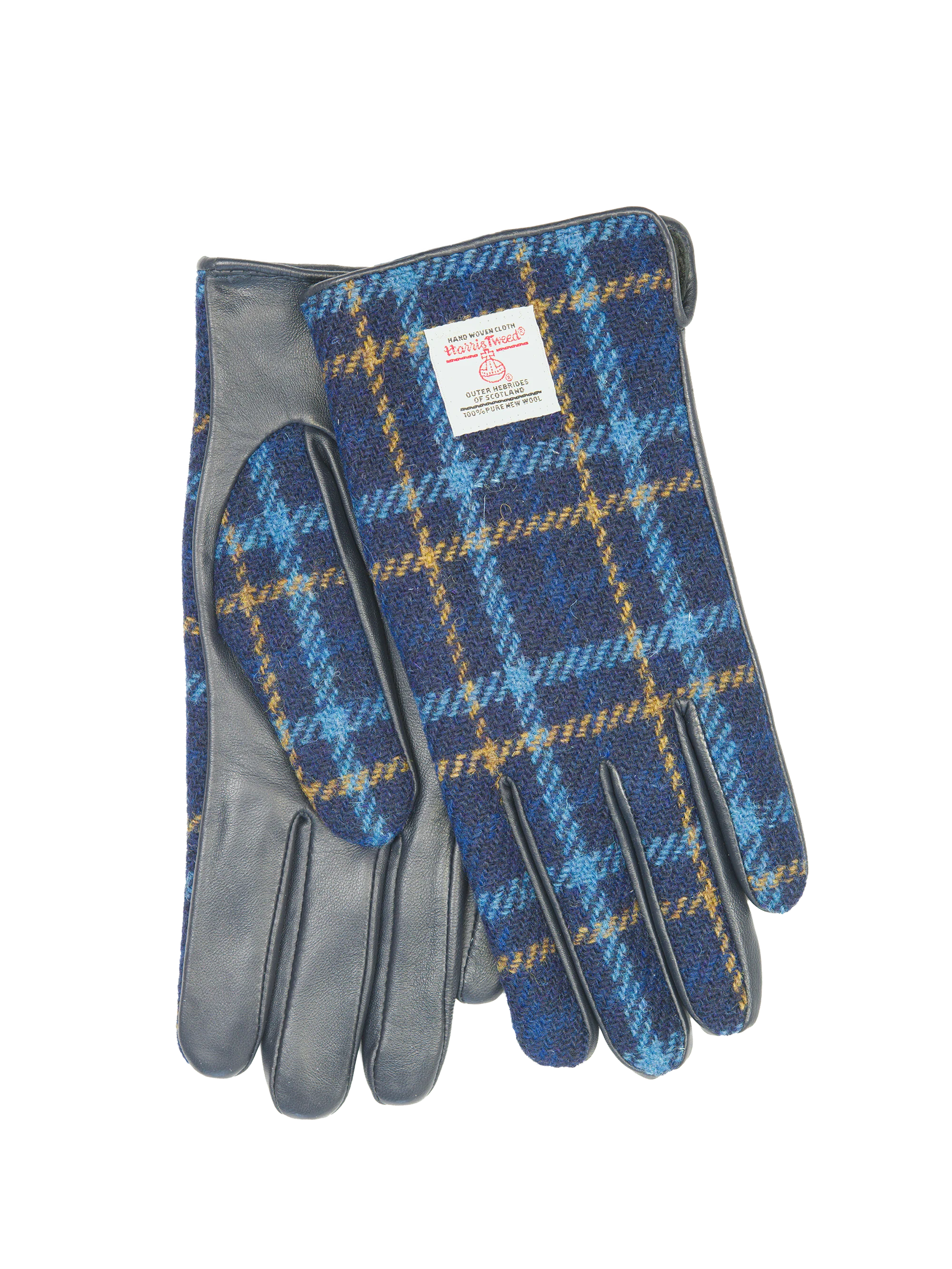 Harris Tweed Ladies Gloves - Navy Tartan (Dark Navy Leather) (ISL)