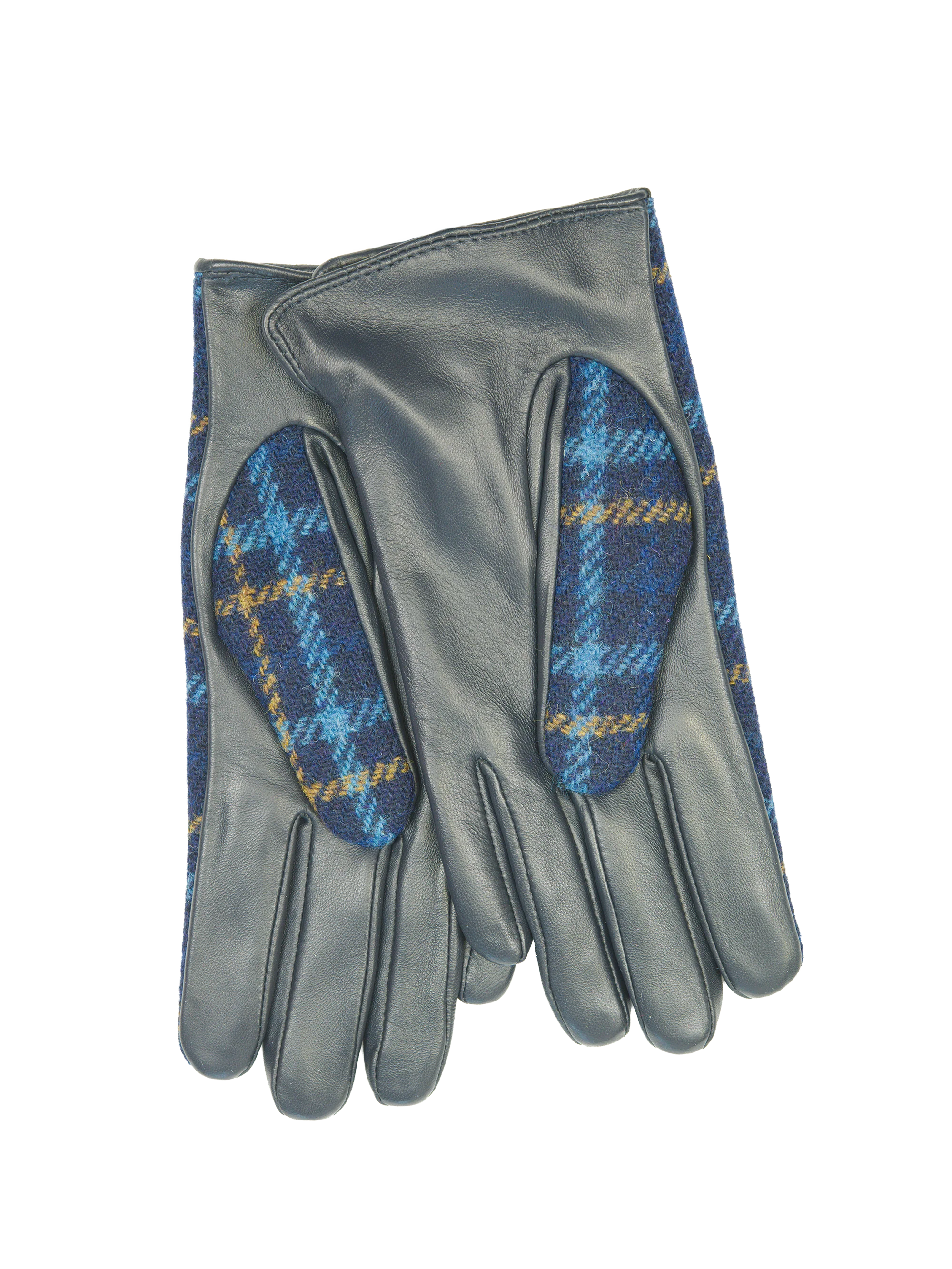 Harris Tweed Ladies Gloves - Navy Tartan (Dark Navy Leather) (ISL) - Image 2