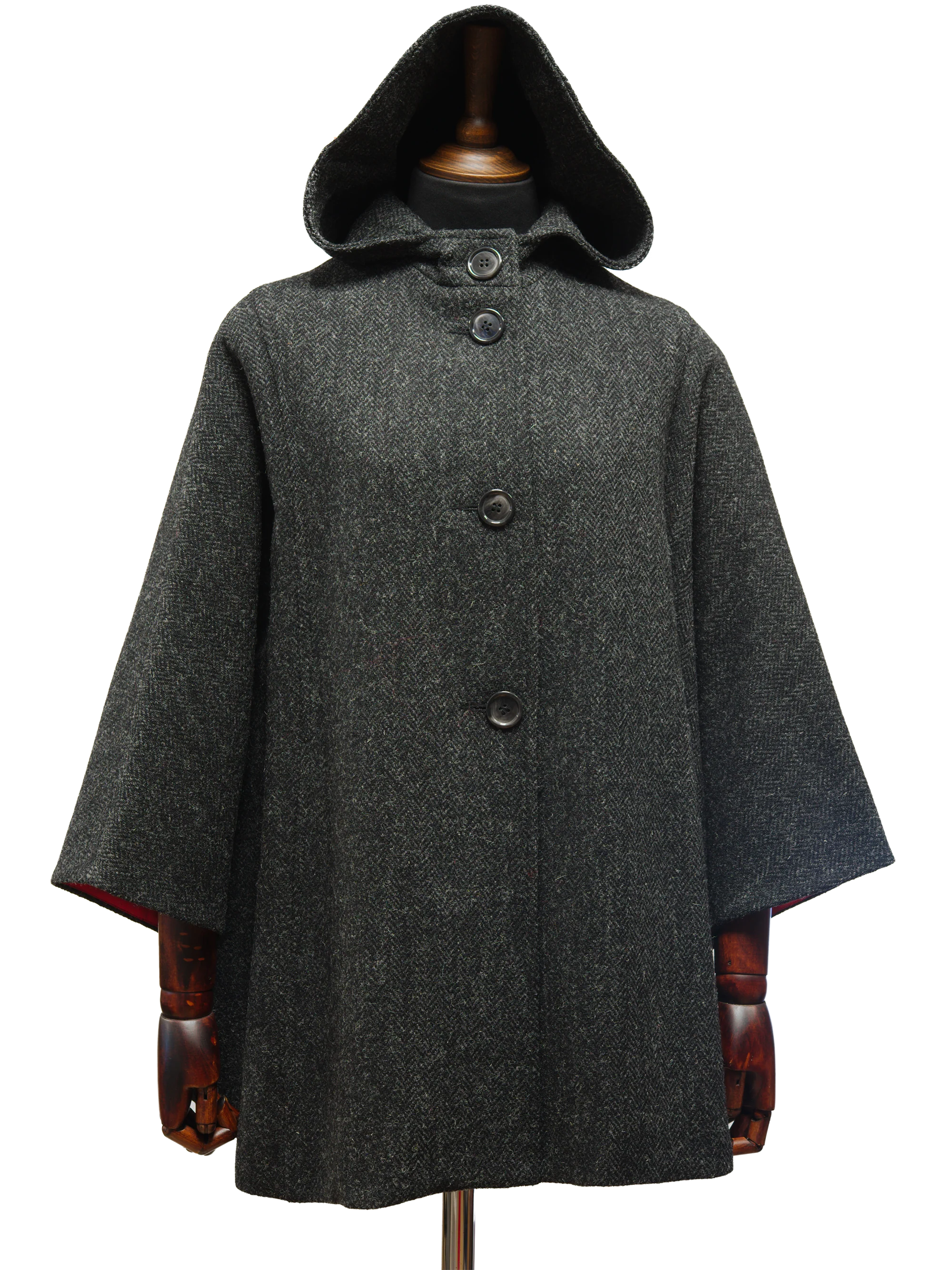 Harris Tweed Ladies Hooded Cape - Dark Charcoal Herringbone