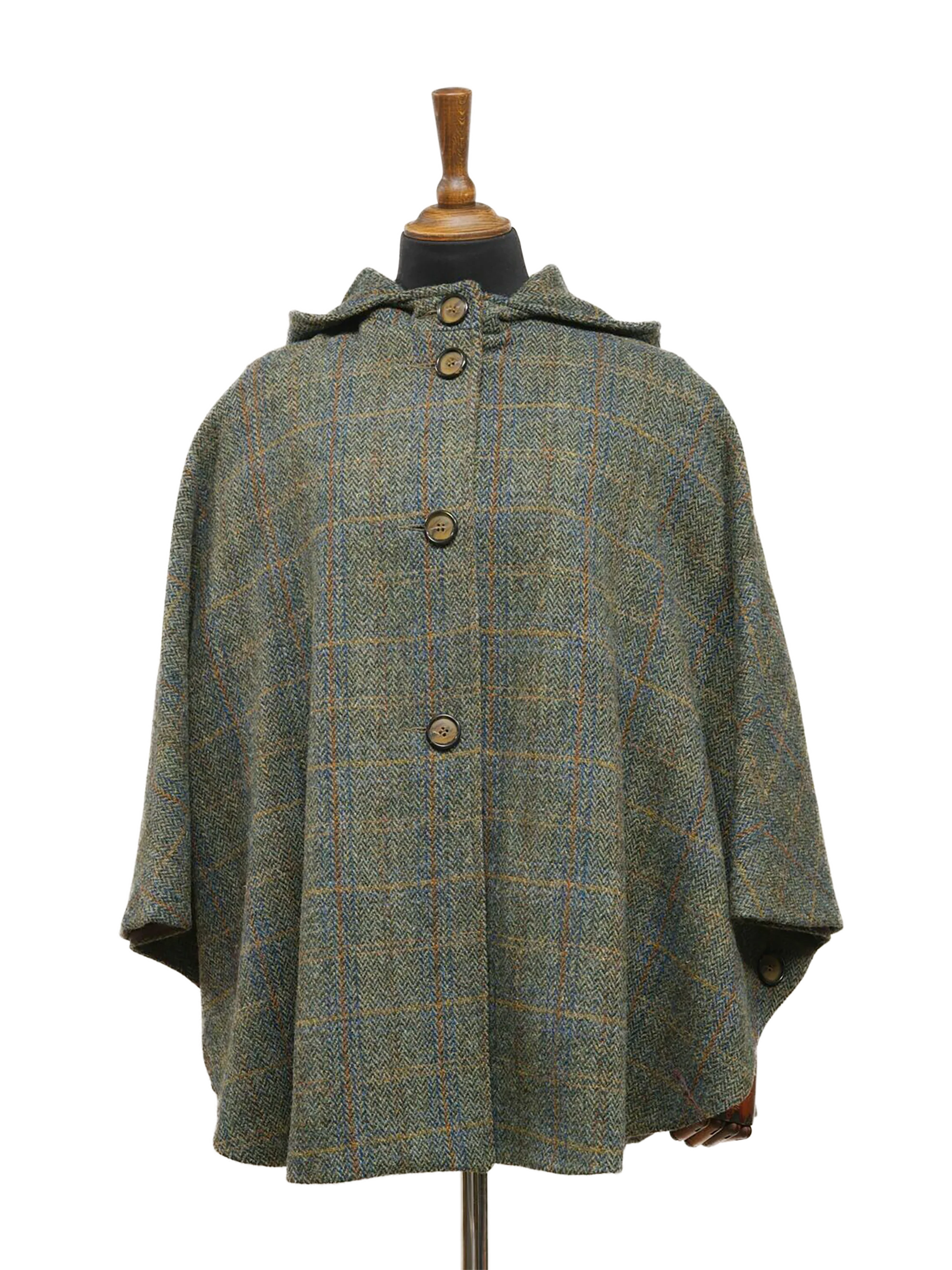 Harris Tweed Ladies Hooded Cape - Green Herringbone With Overcheck - Image 3