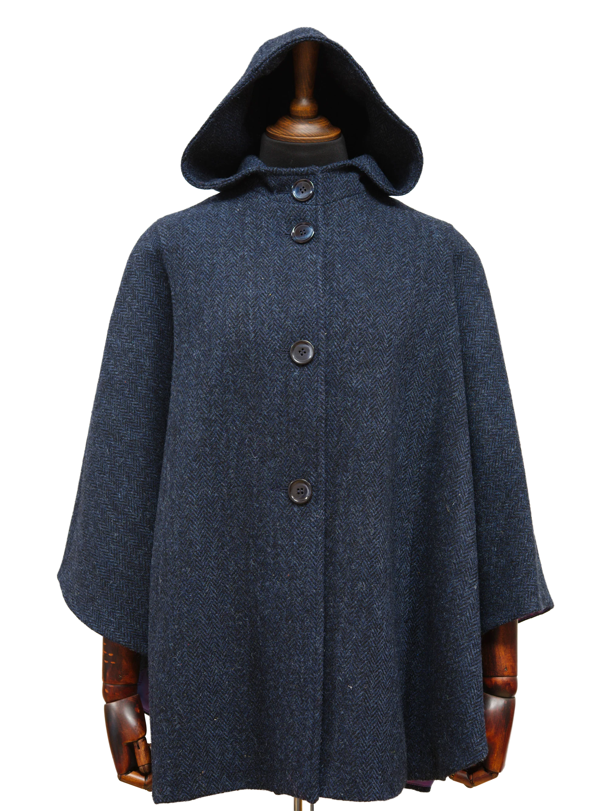 Harris Tweed Ladies Hooded Cape - Navy Herringbone