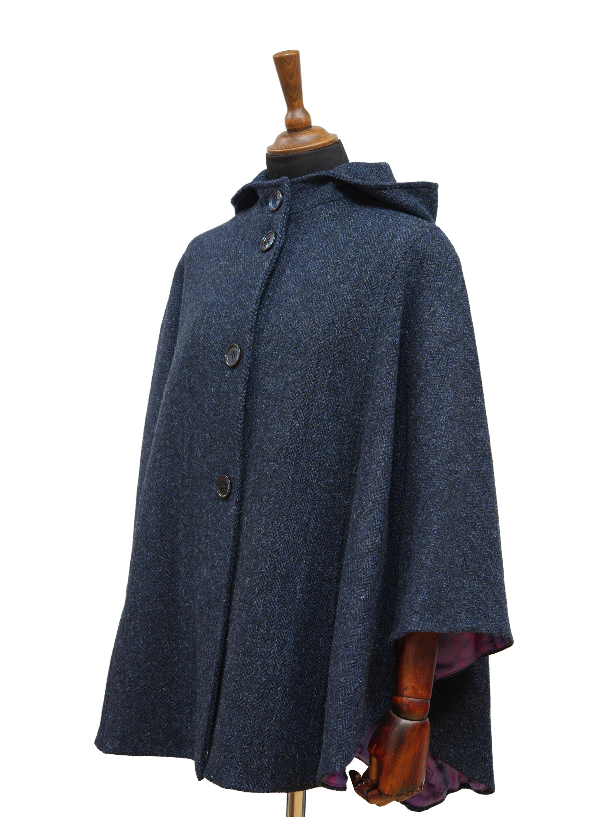 Harris Tweed Ladies Hooded Cape - Navy Herringbone - Image 3