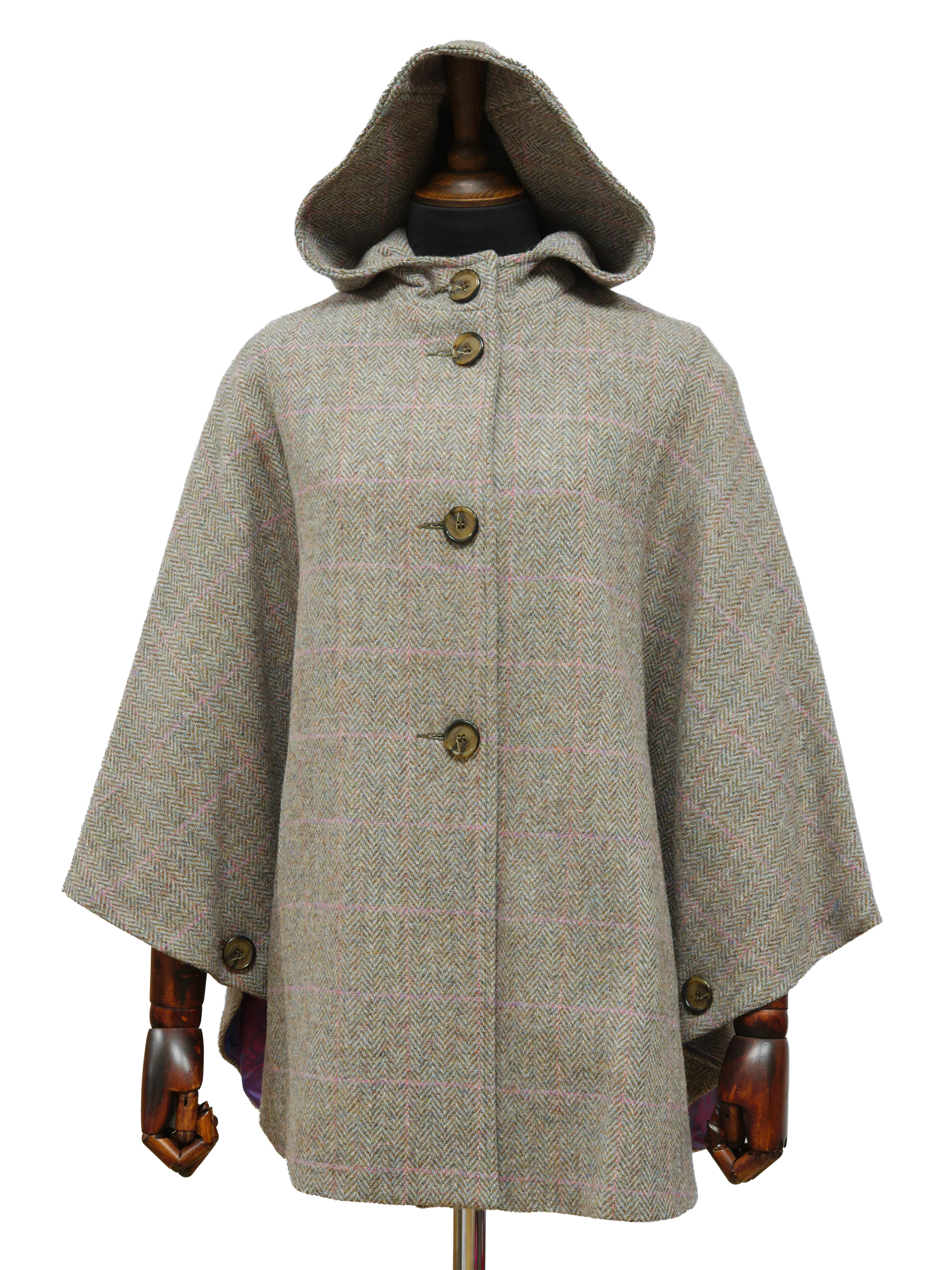 Harris Tweed Ladies Hooded Cape - Pink Check
