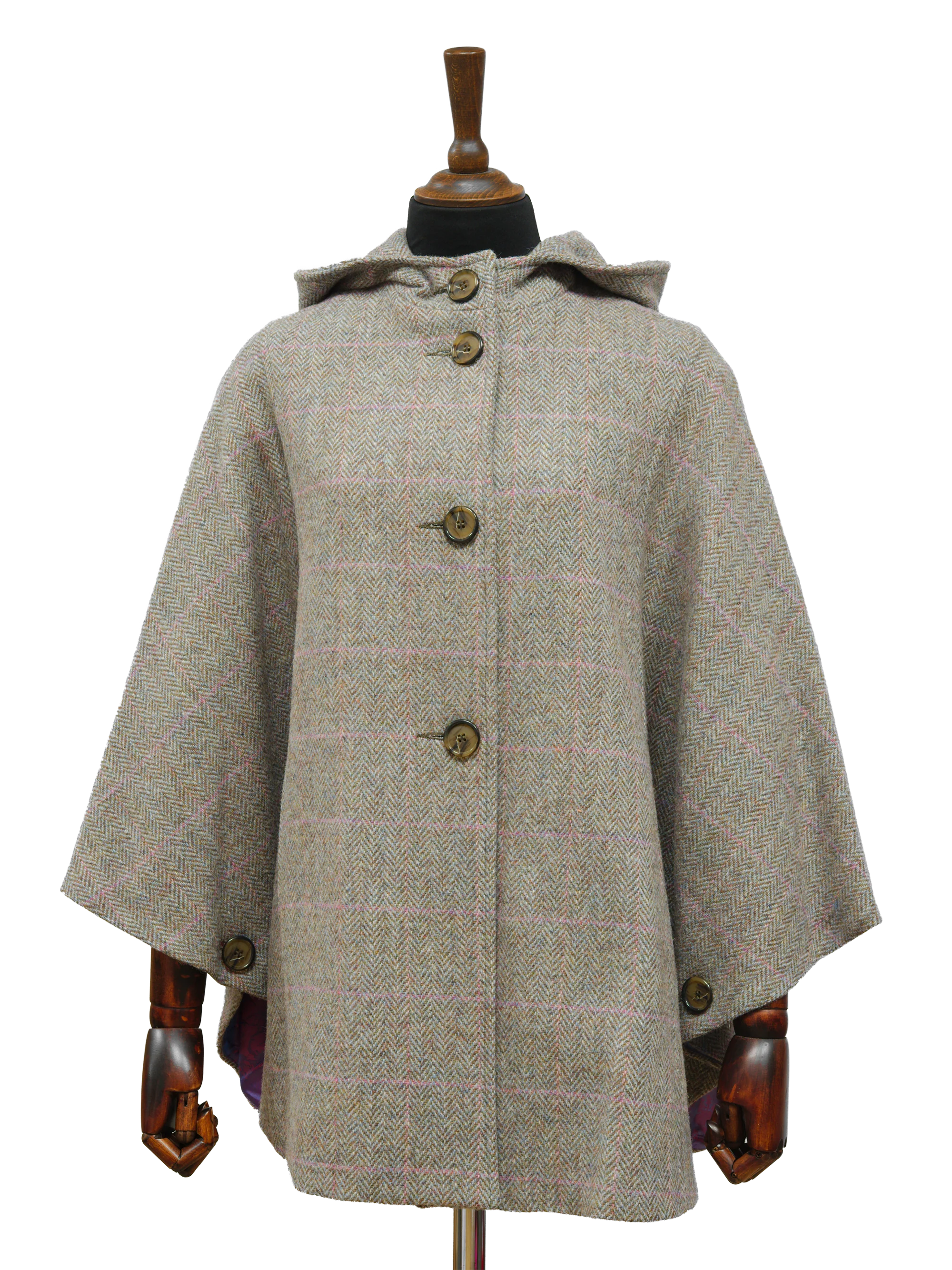 Harris Tweed Ladies Hooded Cape - Pink Check - Image 3