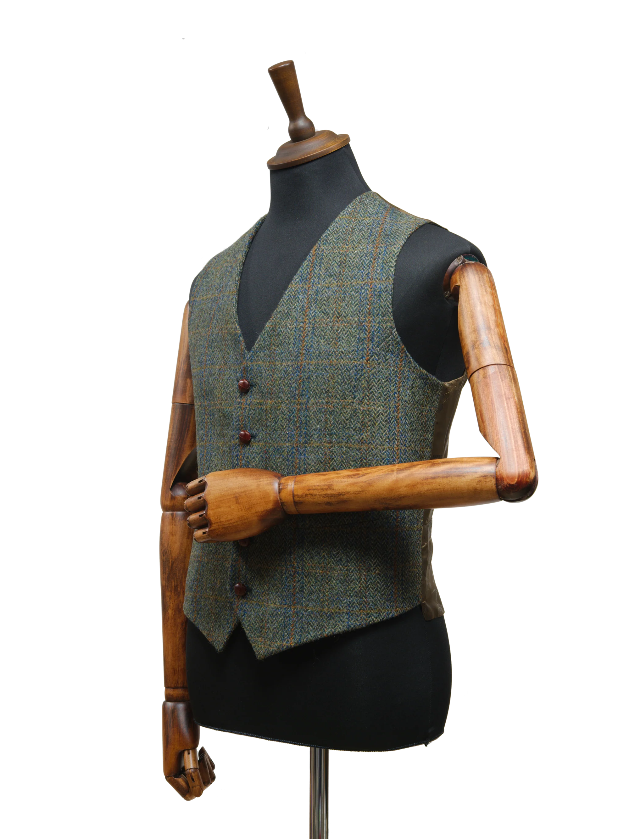 Harris Tweed Mens Waistcoat - Green Herringbone With Overcheck - Image 2