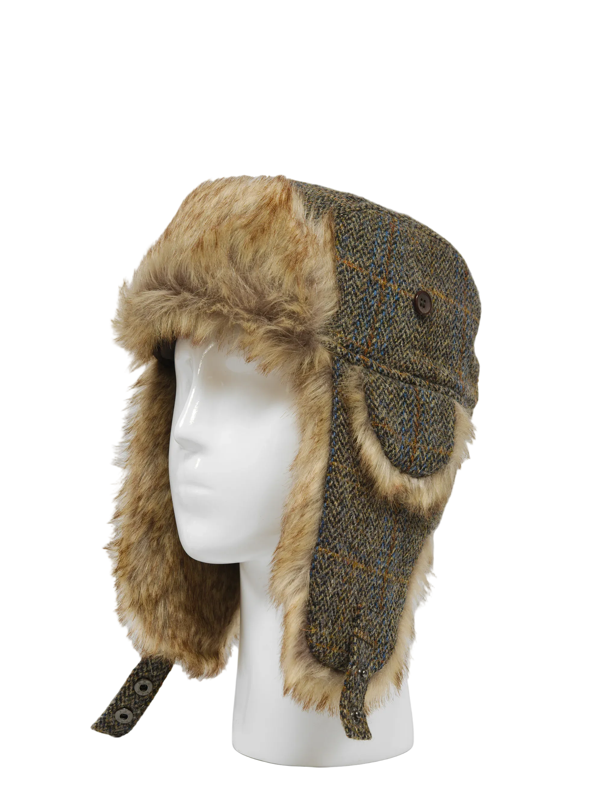 Harris Tweed Trapper Hat - Brown/Green Herringbone w/Overcheck
