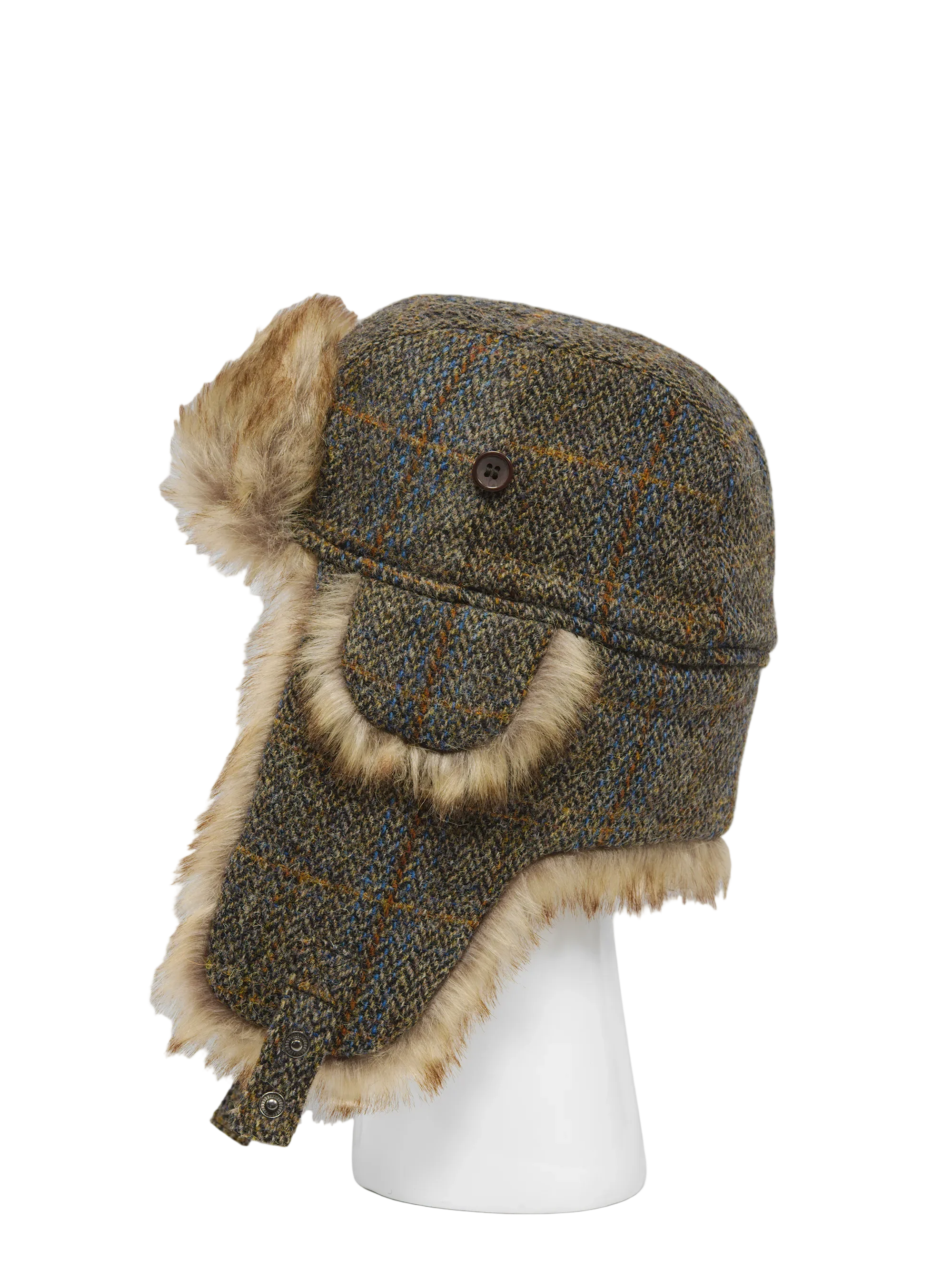 Harris Tweed Trapper Hat - Brown/Green Herringbone w/Overcheck - Image 3