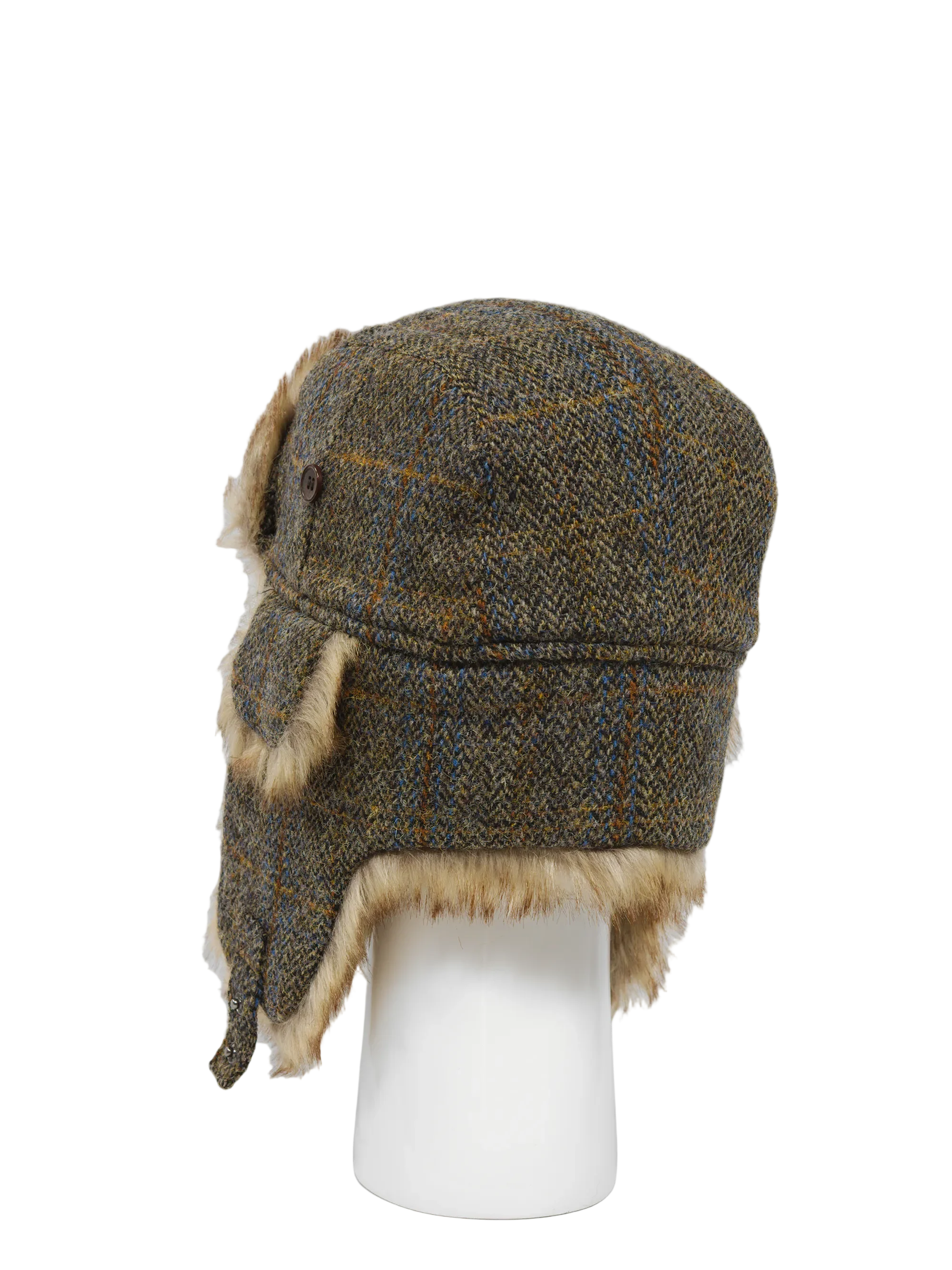 Harris Tweed Trapper Hat - Brown/Green Herringbone w/Overcheck - Image 4