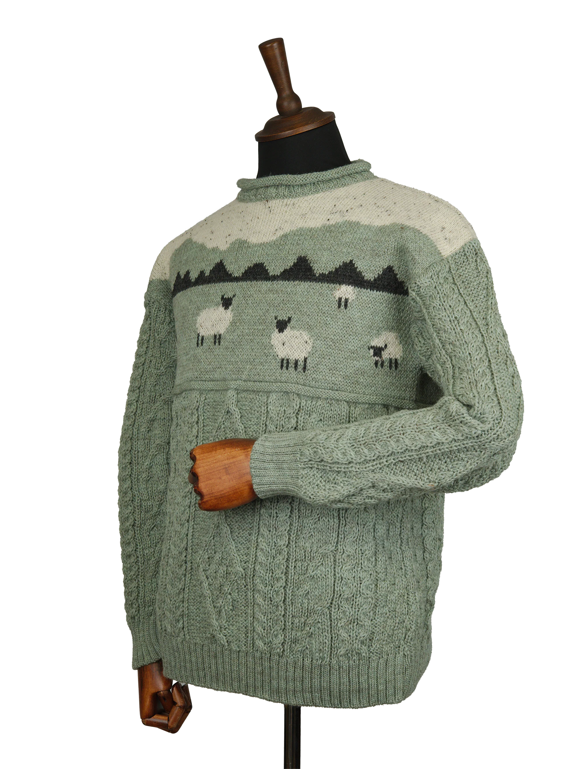 Unisex Aran Crew Neck Jumper - Sheep Scene Sage - Image 2
